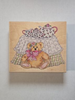 Teddy & Tea Design Wood Mounted Rubber Craft Stamp